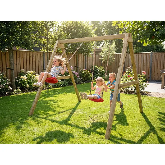 Max Play Schaukel Swing - B x L: 198 x 217 cm, Holz - Kinder spielen fröhlich auf einer Holzschaukel mit zwei roten Sitzen.