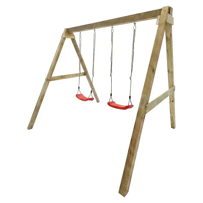 Max Play Schaukel Swing - B x L: 198 x 217 cm, Holz - Hölzerne Schaukel mit zwei roten Plastikschaukeln.