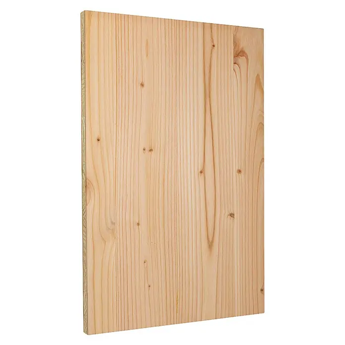 elka 3-Schichtplatte Vita - Douglasie, 2.500 x 660 x 19 mm - Rechteckige helle Holzplatte mit natürlicher Maserung und Ästen.