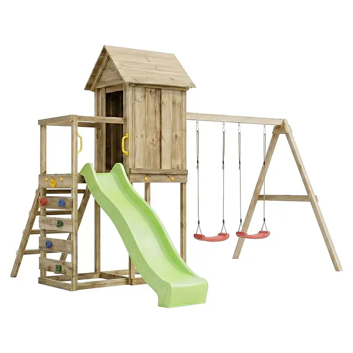 Max Play Kinderspielturm 5 - L x B x H: 370 x 368 x 262 cm, Natur - Hölzerner Kinderspielplatz mit grüner Rutsche, Spielhaus und zwei roten Schaukeln.