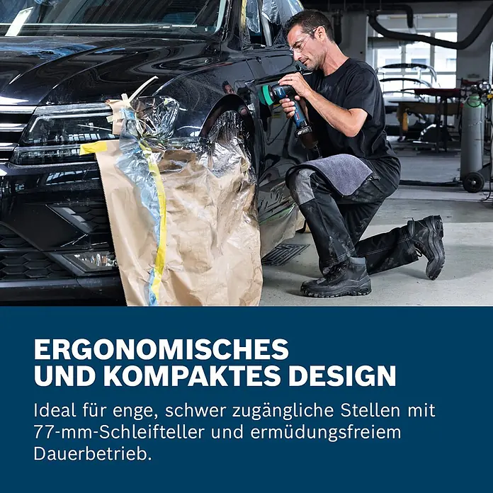 Bosch Professional Akku-Poliermaschine GPO 12V-77 - 12 V, Ohne Akku, Leerlaufdrehzahl: 600 U/min - 2.200 U/min - Ein Mann poliert einen schwarzen Kotflügel mit einem kompakten, ergonomischen Akku-Werkzeug.