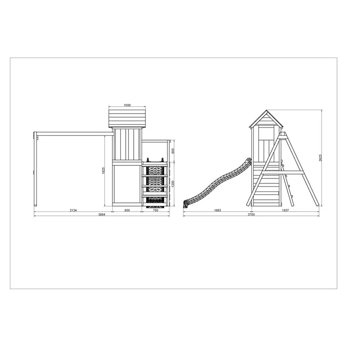 Max Play Kinderspielturm 5 - L x B x H: 370 x 368 x 262 cm, Natur - Mehrteilige Spielplatzstruktur mit Schaukel, Rutschenturm und verschiedenen Kletterelementen.