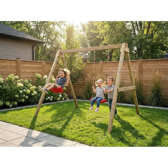 Max Play Schaukel Swing - B x L: 198 x 217 cm, Holz - Hölzerne Schaukel mit drei Kindern, die fröhlich im sonnigen Garten spielen.