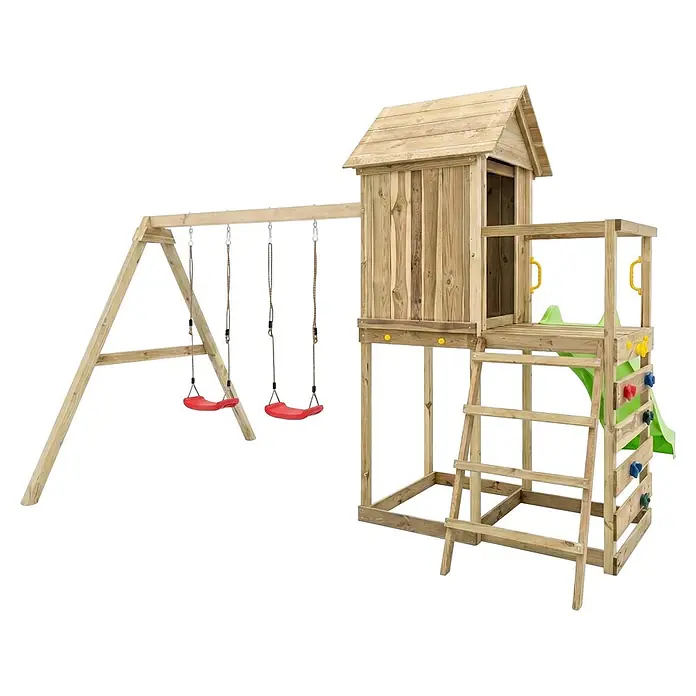 Max Play Kinderspielturm 5 - L x B x H: 370 x 368 x 262 cm, Natur - Hölzernes Kinderspielplatz-Set mit Schaukel, Spielhaus, grüner Rutsche und Kletterwand.