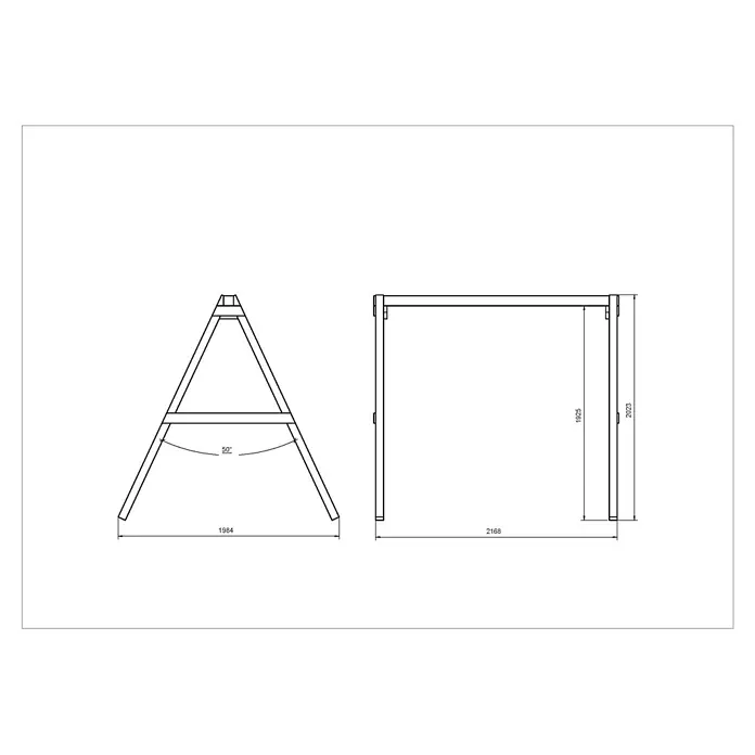 Max Play Schaukel Swing - B x L: 198 x 217 cm, Holz - Technische Zeichnung einer Schaukelgestell-Struktur mit Vorder- und Seitenansichten sowie Bemaßungen.