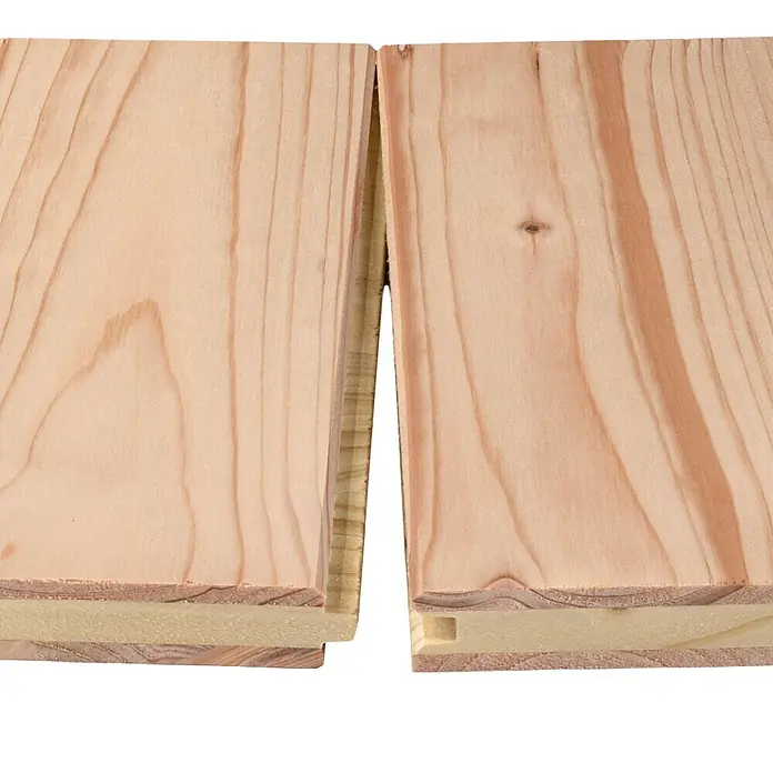 elka 3-Schichtplatte Vita - Douglasie, 2.500 x 660 x 19 mm - Zwei helle Holzplatten mit Nut-und-Feder-Verbindung und einer darunterliegenden Dämmschicht.