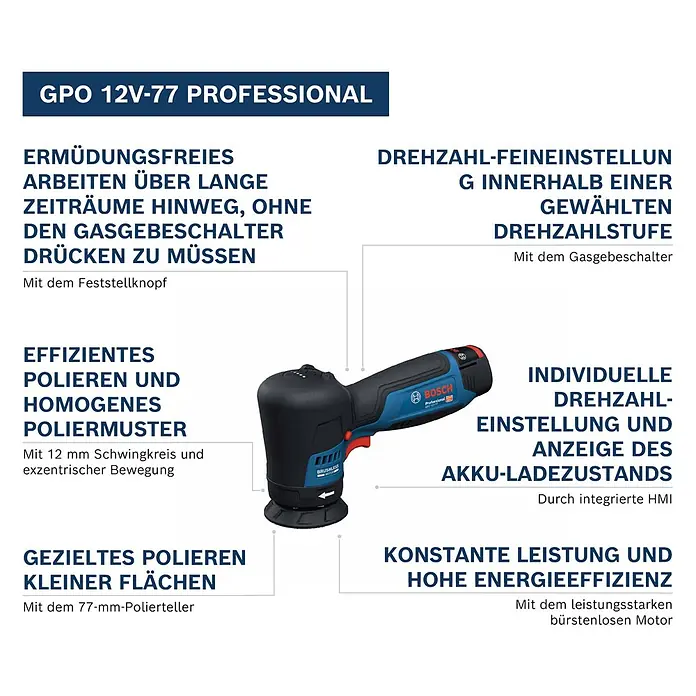 Bosch Professional Akku-Poliermaschine GPO 12V-77 - 12 V, Ohne Akku, Leerlaufdrehzahl: 600 U/min - 2.200 U/min - Kompakte blau-schwarze Bosch GPO 12V-77 Professional Akku-Poliermaschine.