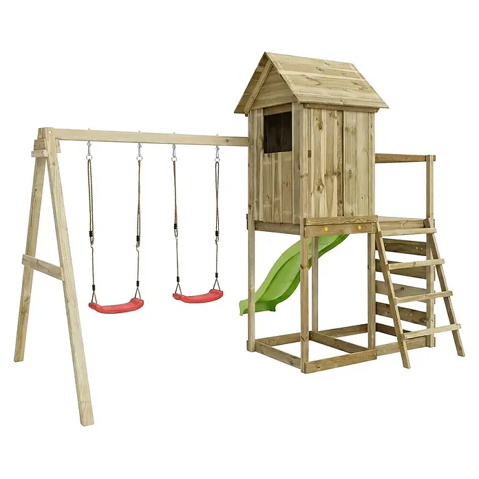 Max Play Kinderspielturm 5 - L x B x H: 370 x 368 x 262 cm, Natur - Hölzerner Outdoor-Spielplatz mit Spielhaus, grüner Rutsche und zwei roten Schaukeln.