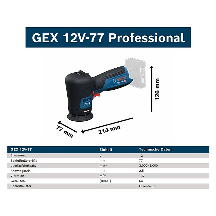Bosch Professional Akku-Exzenterschleifer GEX 12V-77 - 12 V, Ohne Akku, Durchmesser Schleifteller: 77 mm - Blauer und schwarzer Bosch GEX 12V-77 Professional Akku-Exzenterschleifer.