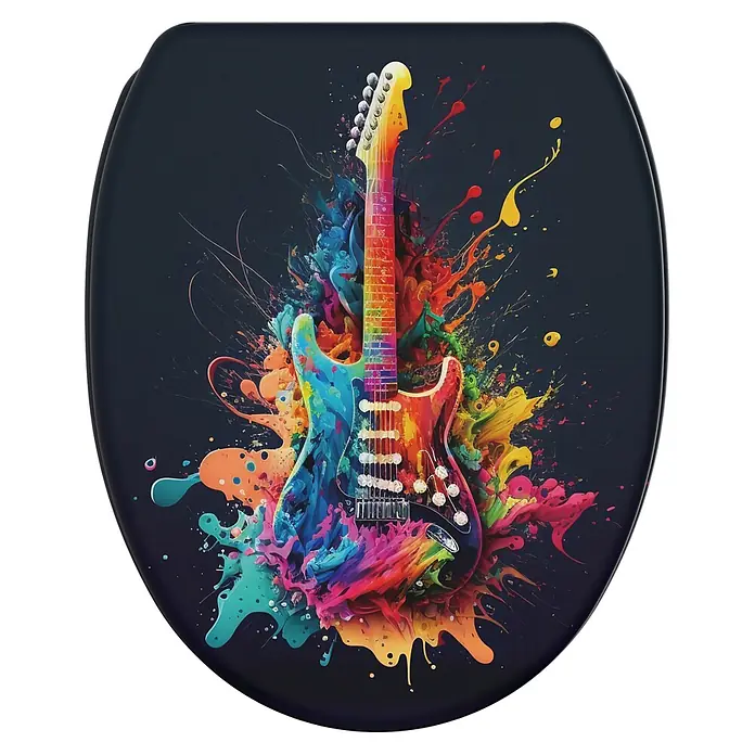 SANILO WC-Sitz Guitar mit Schnellverschluss - MDF, Schwarz, Mit Absenkautomatik - Dunkler Toilettendeckel mit lebhaftem, farbspritzendem E-Gitarren-Design.