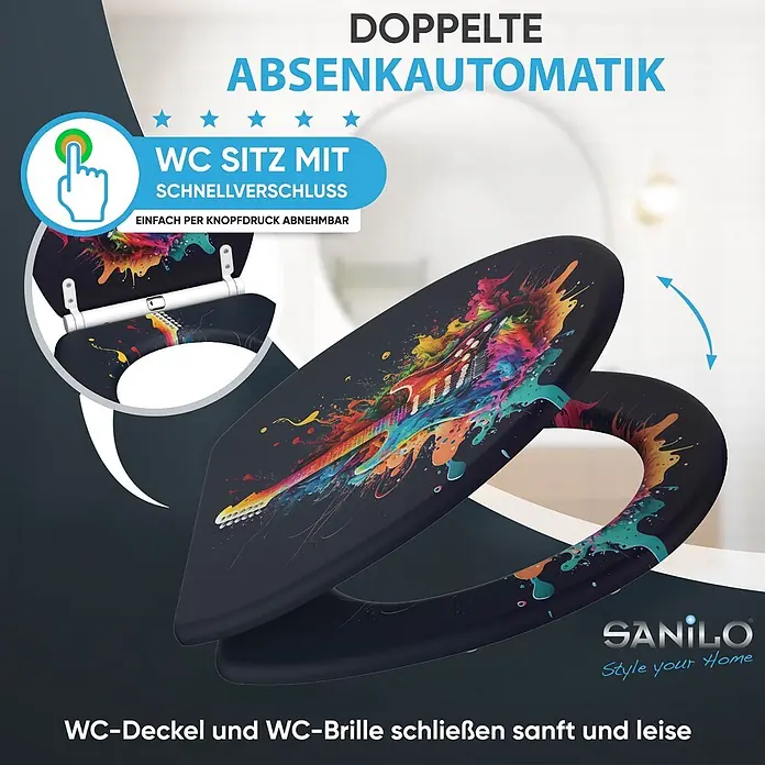 SANILO WC-Sitz Guitar mit Schnellverschluss - MDF, Schwarz, Mit Absenkautomatik - Schwarzer WC-Sitz mit buntem abstrakten Gitarren-Design, Absenkautomatik und Schnellverschluss.