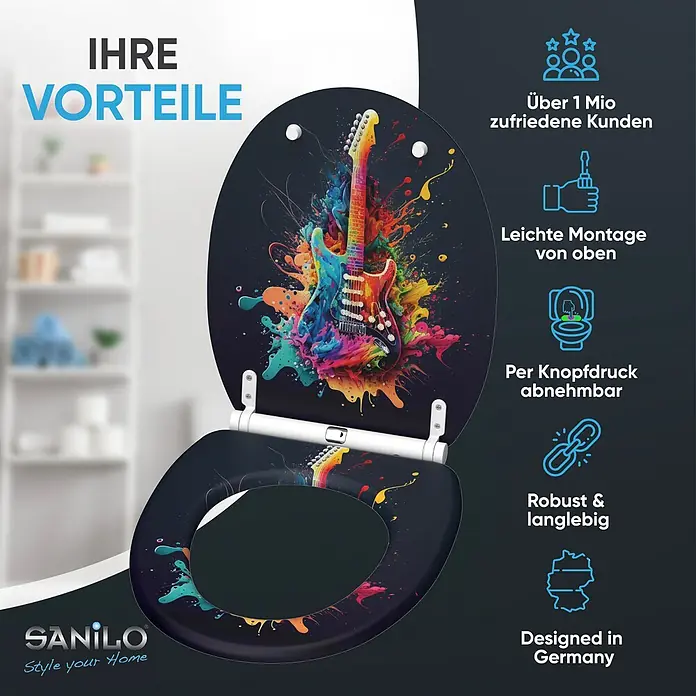 SANILO WC-Sitz Guitar mit Schnellverschluss - MDF, Schwarz, Mit Absenkautomatik - Schwarzer Toilettensitz mit farbenfrohem E-Gitarren-Design und Farbspritzern. Er ist abnehmbar und einfach zu montieren.