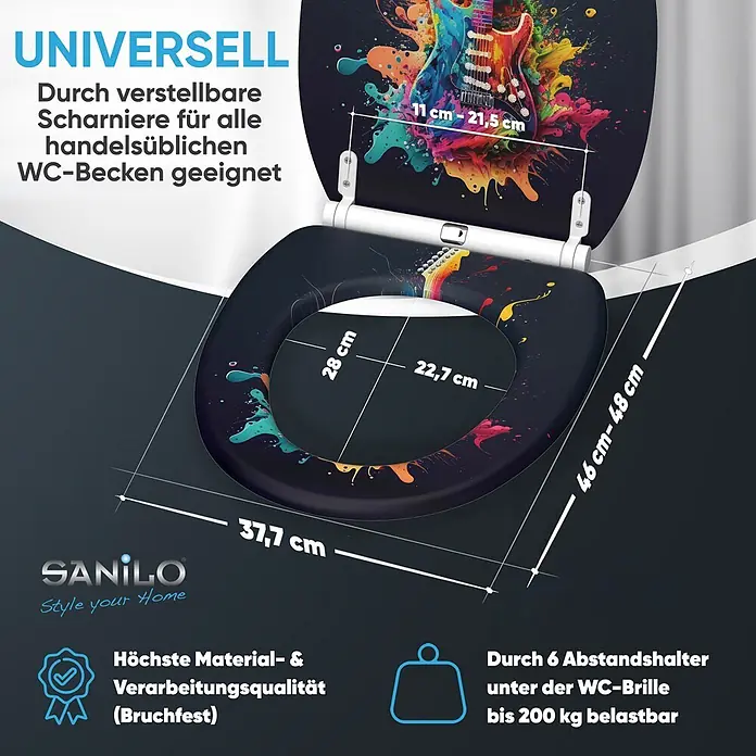 SANILO WC-Sitz Guitar mit Schnellverschluss - MDF, Schwarz, Mit Absenkautomatik - WC-Sitz mit buntem Gitarren-Design, verstellbaren Scharnieren, hoher Materialqualität und bis zu 200 kg Tragkraft, Maße sind gezeigt.