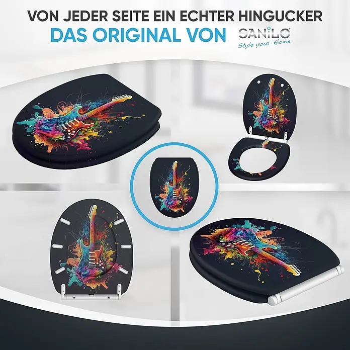 SANILO WC-Sitz Guitar mit Schnellverschluss - MDF, Schwarz, Mit Absenkautomatik - Schwarzer Toilettensitz mit lebhaftem, farbgesprenkeltem E-Gitarren-Design, in verschiedenen offenen und geschlossenen Ansichten.