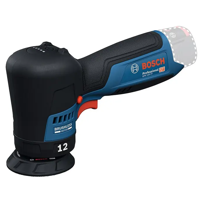 Bosch Professional Akku-Exzenterpolierer GPX 12V-77 - 12 V, Ohne Akku, Durchmesser Polierteller: 77 mm - Blauer und schwarzer Bosch Professional Akku-Poliermaschine/Schleifer mit bürstenlosem Motor und 12V System.
