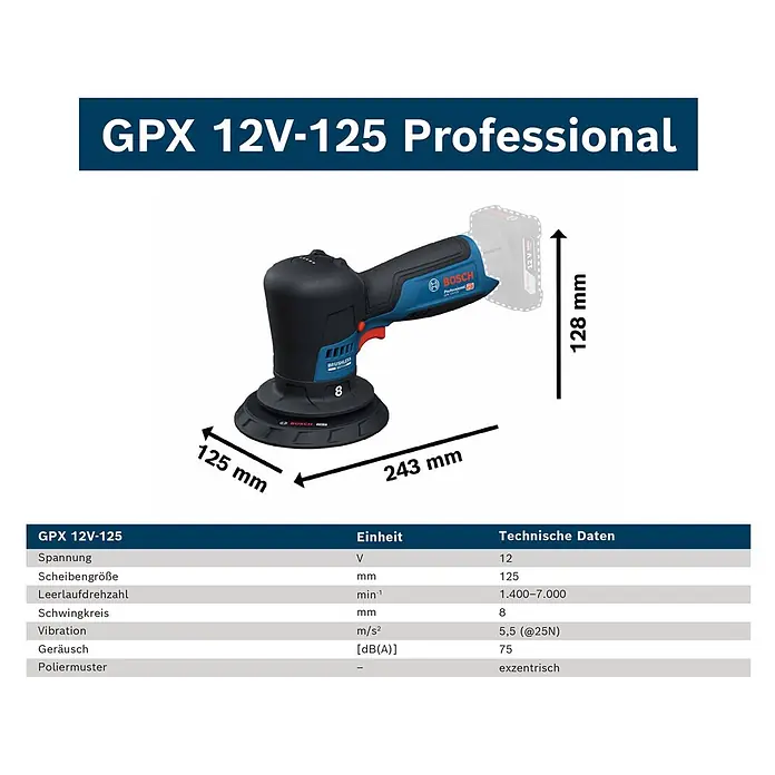 Bosch Professional Akku-Poliermaschine GPX 12V-125 - 12 V, Ohne Akku, Leerlaufdrehzahl: 1.400 U/min - 7.000 U/min - Schwarz-blauer Bosch GPX 12V-125 Professional Akku-Exzenterschleifer mit 12V Akku, 125mm Schleifteller, Maße 243x128mm.