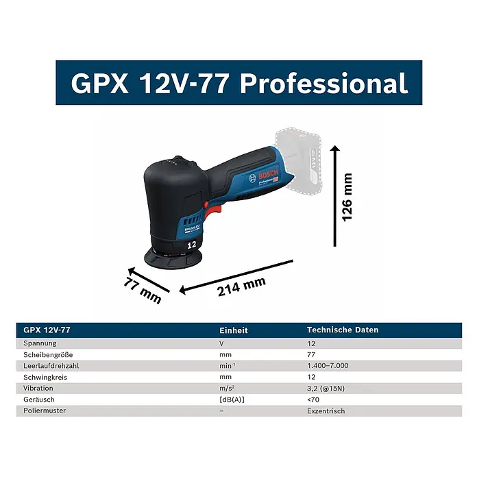 Bosch Professional Akku-Poliermaschine GPX 12V-77 - 12 V, Ohne Akku, Leerlaufdrehzahl: 1.400 U/min - 7.000 U/min - Ein blauer und schwarzer Bosch GPX 12V-77 Professional Akku-Exzenterschleifer/Polierer.