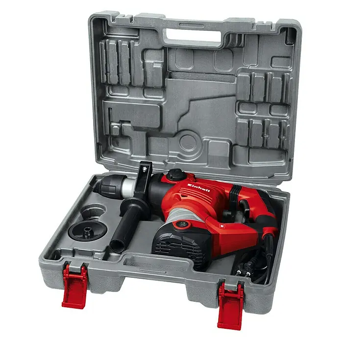 Einhell Kombihammer TC-RH 1600 - 1.600 W, 4 J, SDS-Plus-Aufnahme - Schlagbohrmaschine von Einhell in einem grauen Werkzeugkoffer mit rotem Verschluss.
