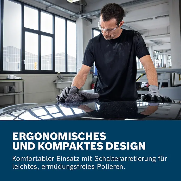 Bosch Professional Akku-Poliermaschine GPX 12V-125 - 12 V, Ohne Akku, Leerlaufdrehzahl: 1.400 U/min - 7.000 U/min - Mann poliert ein schwarzes Auto mit einem ergonomischen Poliergerät für komfortablen, ermüdungsfreien Einsatz.