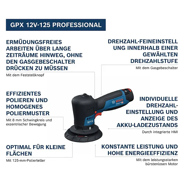 Bosch Professional Akku-Poliermaschine GPX 12V-125 - 12 V, Ohne Akku, Leerlaufdrehzahl: 1.400 U/min - 7.000 U/min - Blauer und schwarzer Bosch GPX 12V-125 Professional Akku-Exzenterpolierer mit 125mm-Polierteller.