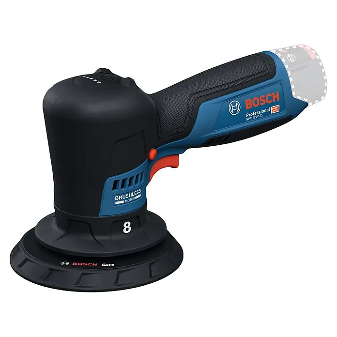 Bosch Professional Akku-Poliermaschine GPX 12V-125 - 12 V, Ohne Akku, Leerlaufdrehzahl: 1.400 U/min - 7.000 U/min - Blauer und schwarzer Bosch Professional Akku-Exzenterschleifer mit bürstenlosem Motor.