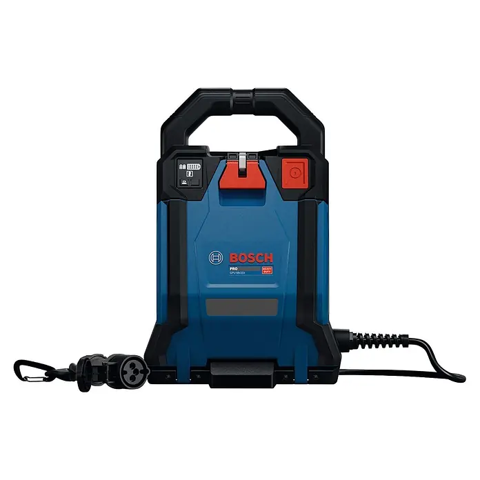 Bosch Professional AMPShare 18V Akku-Antriebseinheit Akku-Betonrüttler-System GPU 18V2DI - 18 V, Anzahl Akkus: Ohne Akku, Anzahl benötigte Akkus: 2 Stk. - Blaue und schwarze Bosch tragbare Powerstation/Ladegerät mit Griff, Display und Stromkabeln.