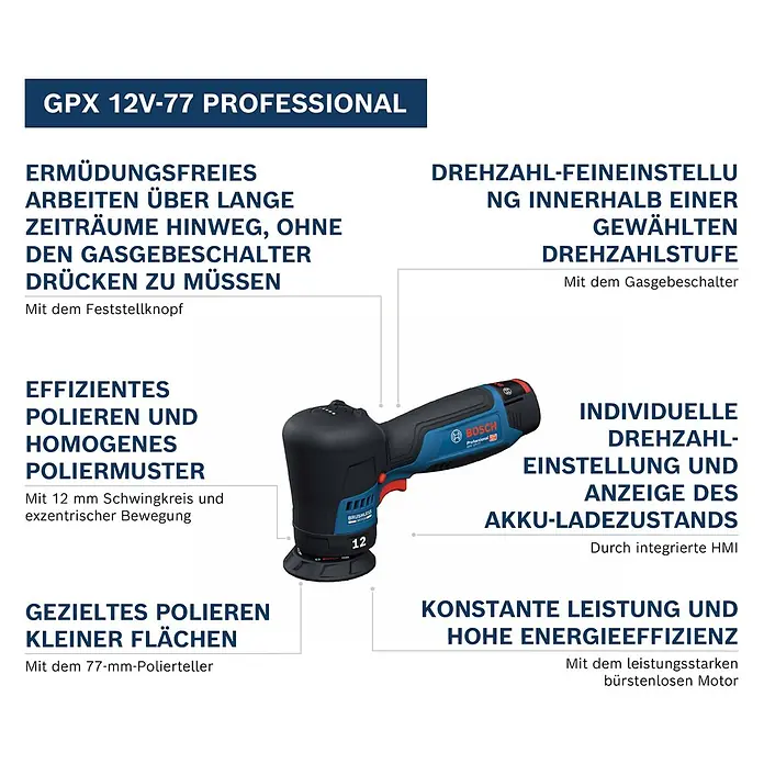 Bosch Professional Akku-Poliermaschine GPX 12V-77 - 12 V, Ohne Akku, Leerlaufdrehzahl: 1.400 U/min - 7.000 U/min - Blauer und schwarzer Bosch GPX 12V-77 Professional Akku-Polierer/Schleifer mit rotem Abzug und schwarzem Griff.