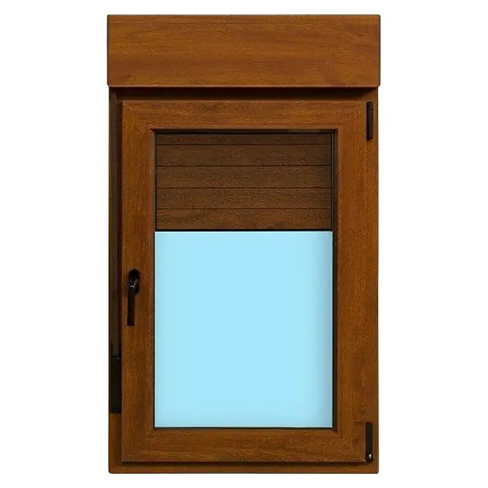 Oknum Ventana de PVC practicable-oscilobatiente - 700 x 1.180 mm, Roble, Apertura según normativa: Derecha - Ventana de madera marrón con persiana de madera parcialmente abierta.