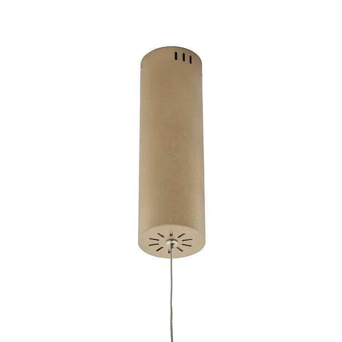 Lucande Pendelleuchte Melinay - L x B x H: 110 x 32 x 4,5 cm, messing / gold, gold - Beige zylindrische Pendelleuchte mit Lüftungsschlitzen oben und sternförmiger Lichtöffnung unten, an einem Kabel hängend.
