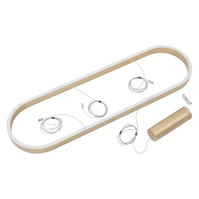 Lucande Pendelleuchte Melinay - L x B x H: 110 x 32 x 4,5 cm, messing / gold, gold - Goldene ovale LED-Pendelleuchten-Komponenten: Rahmen mit weißem Diffusor, Aufhängeseile und zylindrisches Netzteil.