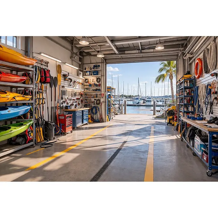 Protender Lancha neumática con suelo de aluminio - Apto para: Máximo 4 personas, Carga útil: 510 kg - Taller de deportes acuáticos con kayaks, herramientas y puerta abierta a un puerto deportivo soleado con barcos.