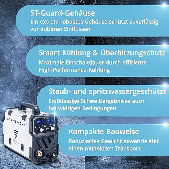STAHLWERK MIG/MAG-Schweißgerät Schweißgerät MIG MAG 200 ST Vollausstattung IGBT - Schweißstrom: 20 A - 200 A, 230 V - Eine weiße und schwarze Stahlwerk MIG/MAG Schweißmaschine mit kompaktem Design und robustem Gehäuse, von schräg vorne gezeigt.