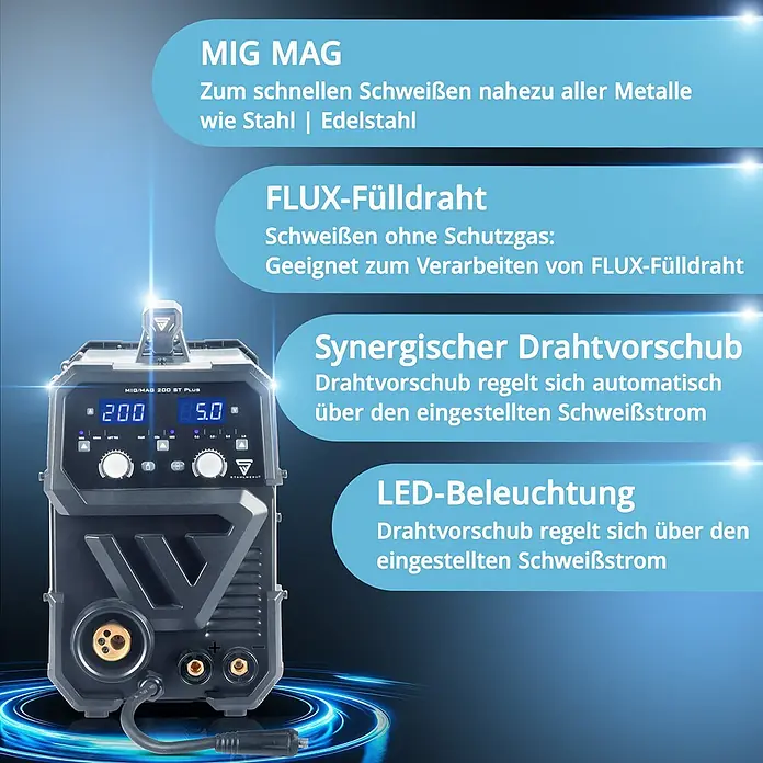 STAHLWERK MIG/MAG-Schweißgerät Schweißgerät MIG MAG 200 ST Vollausstattung IGBT - Schweißstrom: 20 A - 200 A, 230 V - Dunkelgraues MIG/MAG Schweißgerät mit Digitalanzeige, Drehknöpfen und hervorgehobenen Funktionen.