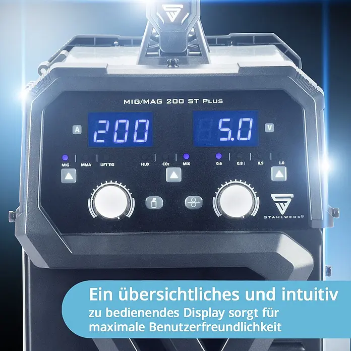 STAHLWERK MIG/MAG-Schweißgerät Schweißgerät MIG MAG 200 ST Vollausstattung IGBT - Schweißstrom: 20 A - 200 A, 230 V - Nahaufnahme des Bedienfelds einer dunkelgrauen STAHLWERK Schweißmaschine mit blauen Digitalanzeigen und Drehknöpfen.