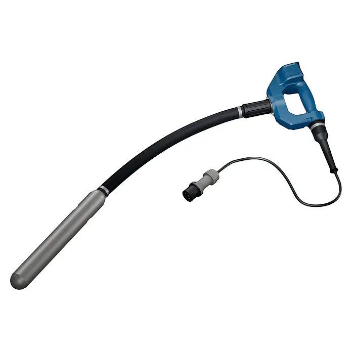 Bosch Professional Innenrüttler Akku-Betonrüttler-System GDI59-65D - Kabellänge: 1 m - Blauer und schwarzer Betonrüttler mit langem Schlauch und grauer Rüttelflasche, inklusive Stromanschluss.