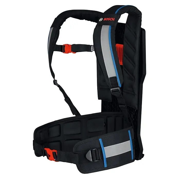 Bosch Professional Tragesystem Akku-Betonrüttler-System GBP100 - 335 x 139 x 540 mm - Bosch ergonomischer Rucksackgurt in Schwarz mit blauen und grauen Reflexdetails, gepolsterten Gurten und orangefarbenen Schnallen für bequemes Tragen.
