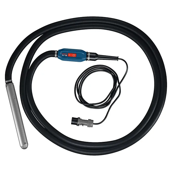 Bosch Professional Innenrüttler Akku-Betonrüttler-System GDI50-500 - Kabellänge: 5 m - Gekräuselter schwarzer Betonrüttler mit silberner Sonde, blauer Steuereinheit und Stromkabel.