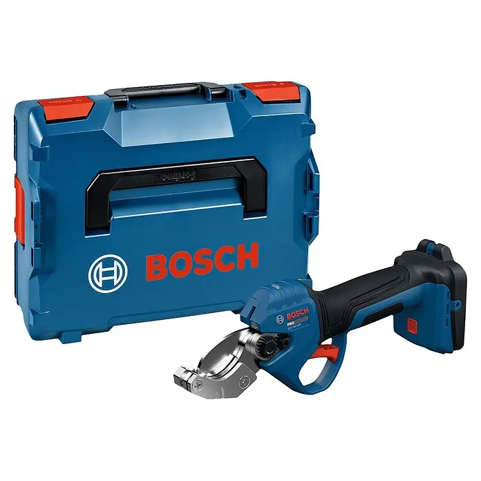 Bosch Professional AMPShare 18V Akku-Rohrschere GPC18V-32P - 18 V, Anzahl Akkus: Ohne Akku, Inkl. L-BOXX 136 - Blau-schwarzes Bosch Akku-Schneidwerkzeug mit silbernen Klingen, neben einer blauen Bosch L-BOXX mit roten Verschlüssen.