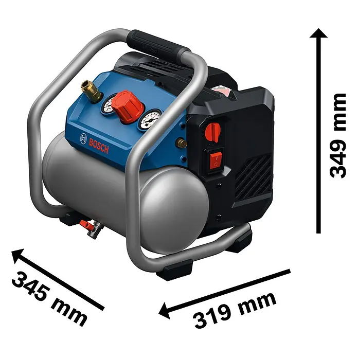 Bosch Professional AMPShare 18V Akku-Kompressor GKO18V-51 - 18 V, 8 bar - Blauer und grauer Bosch Kompressor mit Schutzrahmen, Maße: 345x319x349 mm.