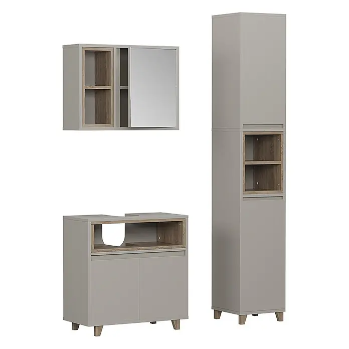 Vicco Badmöbel-Set Elnor Greige 3 Teile mit Hochschrank - Greige, Matt - Modernes Badmöbelset in Hellgrau und Holzoptik mit Spiegelschrank, Hochschrank und Waschtischunterschrank mit offenen Fächern.