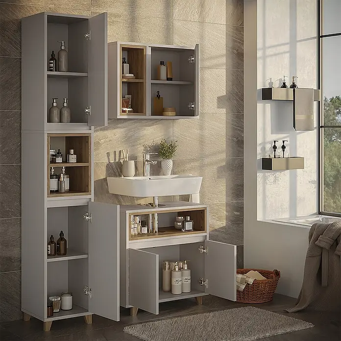 Vicco Badmöbel-Set Elnor Greige 3 Teile mit Hochschrank - Greige, Matt - Helles graues Badezimmermöbel-Set mit Holz-Akzenten, bestehend aus Hochschränken, Wandschrank und Waschtischunterschrank für Toilettenartikel.