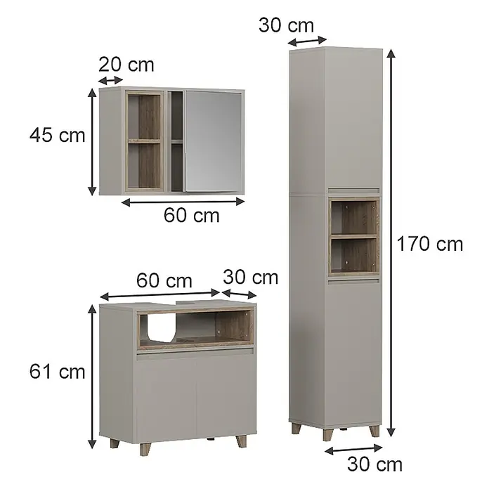 Vicco Badmöbel-Set Elnor Greige 3 Teile mit Hochschrank - Greige, Matt - Drei Badschränke in Grau/Holzoptik: Hängeschrank, Waschtisch, Hochschrank, mit Maßen.