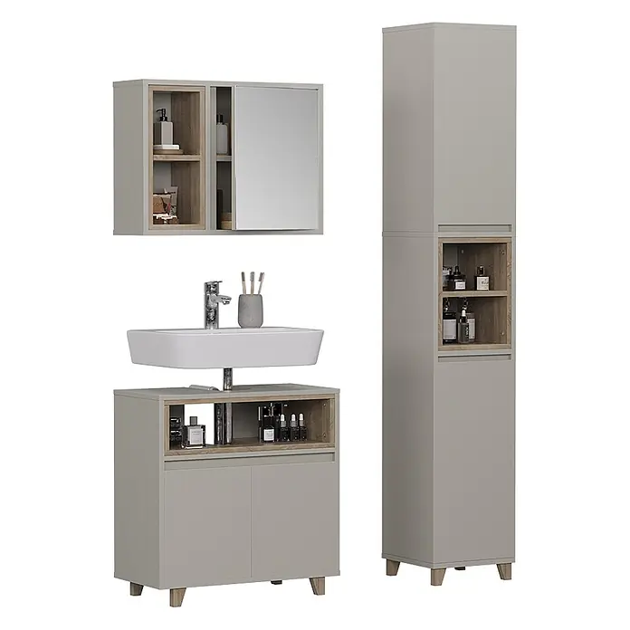 Vicco Badmöbel-Set Elnor Greige 3 Teile mit Hochschrank - Greige, Matt - Moderne graue Badmöbelgarnitur mit hellen Holzdetails: Spiegelschrank, Waschtischunterschrank, Hochschrank.