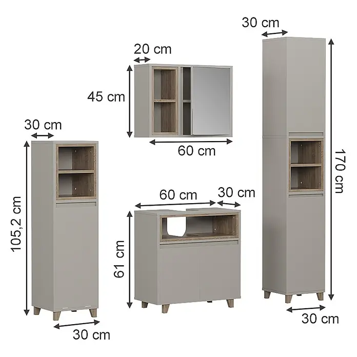 Vicco Badmöbel-Set Elnor Greige 4 Teile - Greige, Matt - Set aus hellgrauen und Holzoptik-Badezimmermöbeln, darunter Wandschrank, Hochschrank und Waschtischunterschrank mit Maßen.
