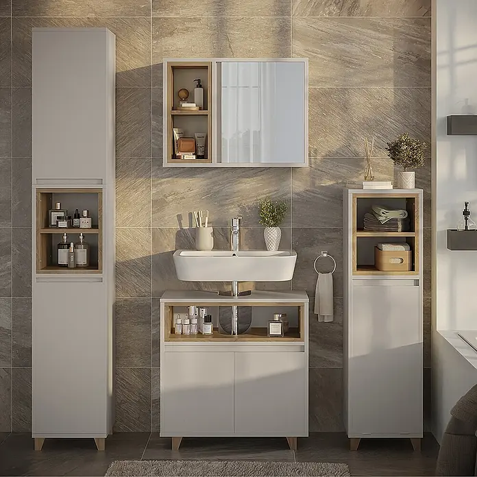 Vicco Badmöbel-Set Elnor Greige 4 Teile - Greige, Matt - Helles graues Badezimmermöbel-Set mit Holzdetails, inklusive Hochschränken, Waschtischunterschrank mit Waschbecken und Spiegelschrank.
