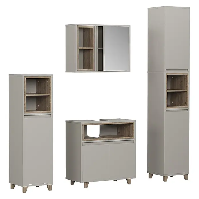 Vicco Badmöbel-Set Elnor Greige 4 Teile - Greige, Matt - Hellesgraues modulares Badmöbelset mit Holzakzenten: Spiegelschrank, Waschtischunterschrank und Hochschränke.