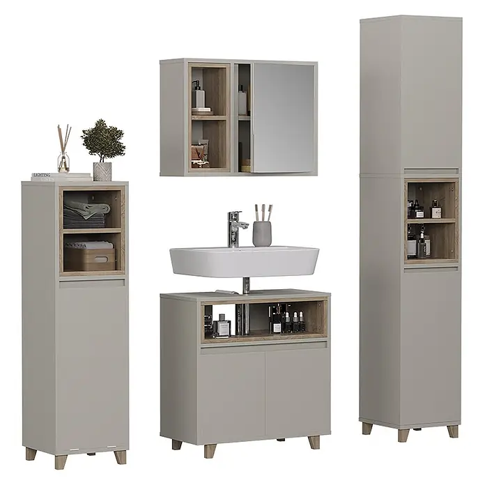 Vicco Badmöbel-Set Elnor Greige 4 Teile - Greige, Matt - Helles graues Badmöbelset mit Holzdetails, bestehend aus Waschtischunterschrank, Spiegelschrank und Hochschränken.