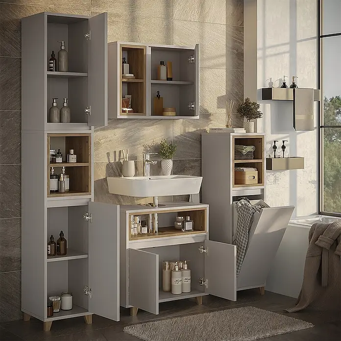 Vicco Badmöbel-Set Elnor Greige 4 Teile - Greige, Matt - Modernes graues Badmöbelset mit Holzdetails, bestehend aus Hochschränken, Wandschränken, Waschtisch und Wäschekorb, gefüllt mit Pflegeprodukten.