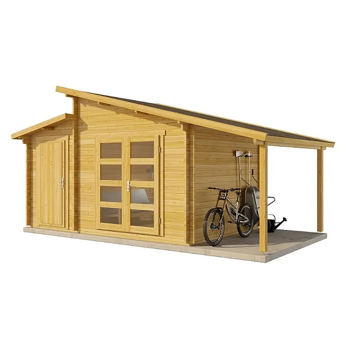 Alpholz Gartenhaus Aktiva Varianta - Außenmaß inkl. Dachüberstand (B x T): 600 x 340 cm, Holz, Pinie - Hellholz Gartenhaus mit Seitenabstellraum und integriertem Carport für Fahrräder und Gartengeräte.