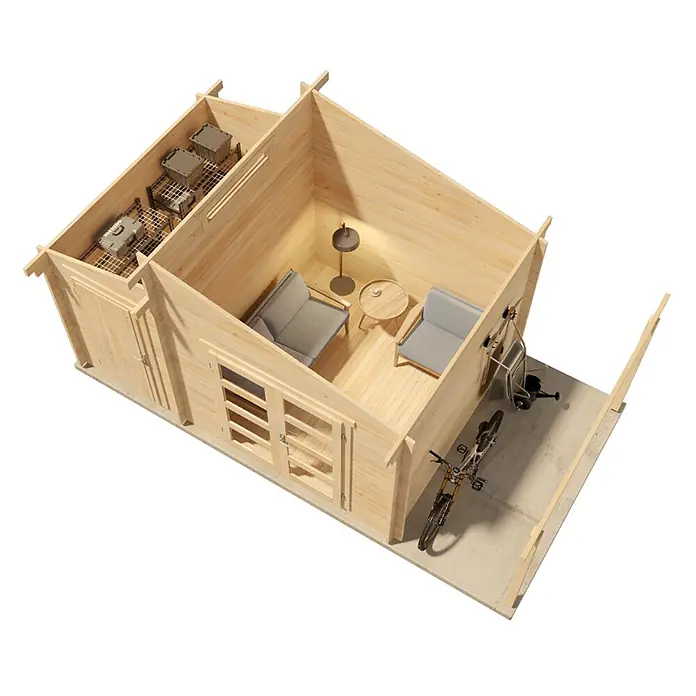 Alpholz Gartenhaus Aktiva Varianta - Außenmaß inkl. Dachüberstand (B x T): 600 x 340 cm, Holz, Pinie - Helle Holz-Mehrzweck-Gartenhütte mit separaten Bereichen für Lagerung, Wohnen und offenem Unterstand.